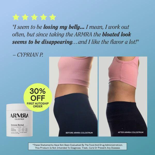 A split-screen comparison showing a user's midsection before and after using the product, paired with a five-star customer review.